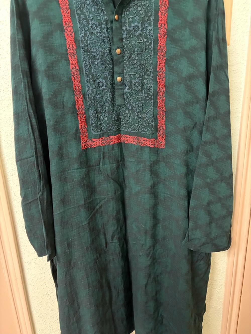 Embroidered Green Tunic Dress with Red Trim